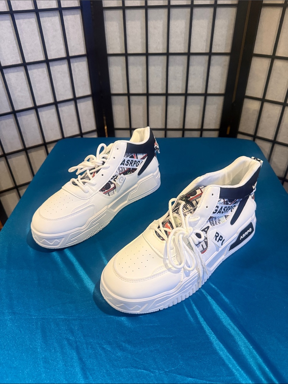 Men's White Athletic High-Top Sneakers with Navy Accent